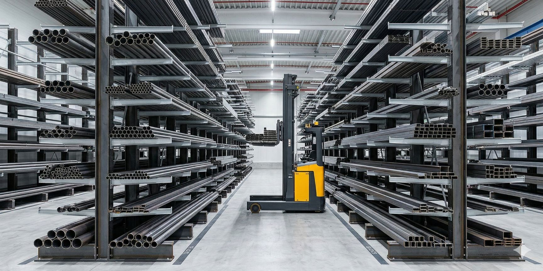 Kragarmregal-System in einer modernen Logistikhalle mit schweren Stahlrohren und Profilen, bedient von einem Seitenstapler in einem Schmalgang